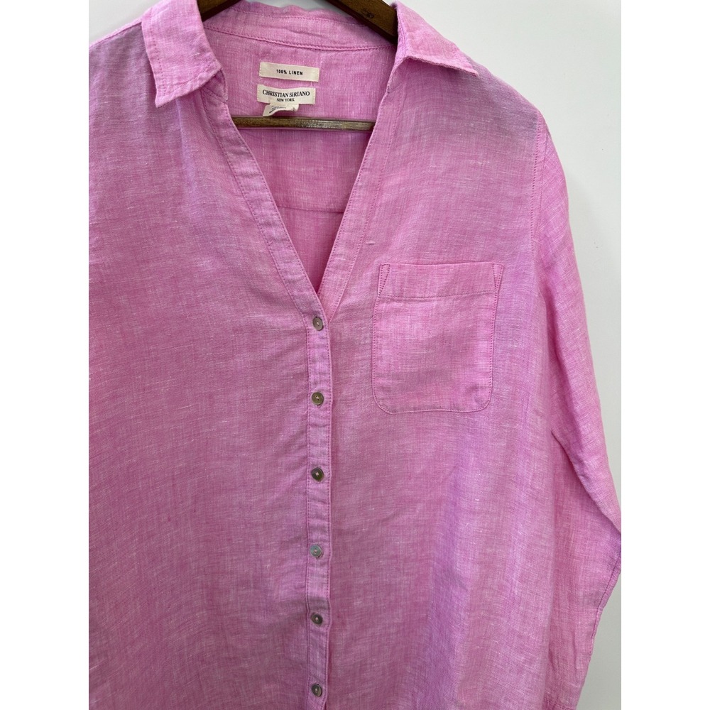 Christian Siriano 100% Linen Button Front Shirt Roll Tab Small Pink Resortwear - Picture 4 of 11